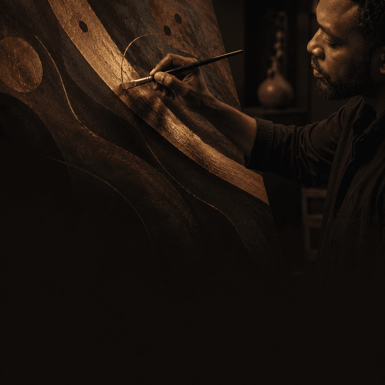 An artist painting a textured abstract canvas.
