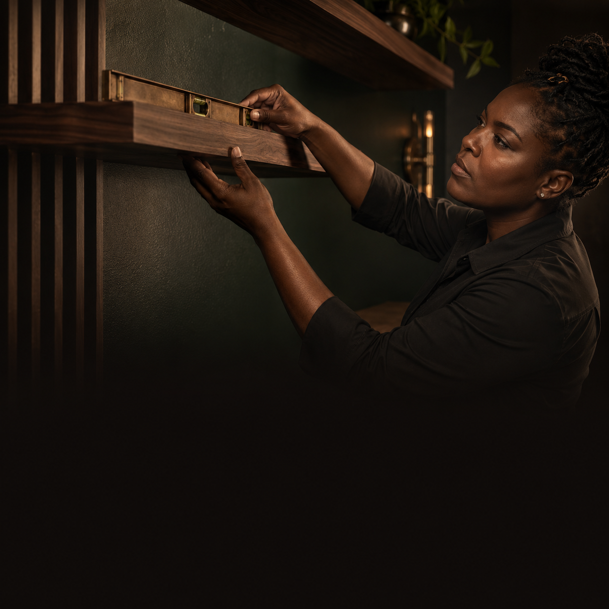 A craftsperson leveling a wooden shelf installation.