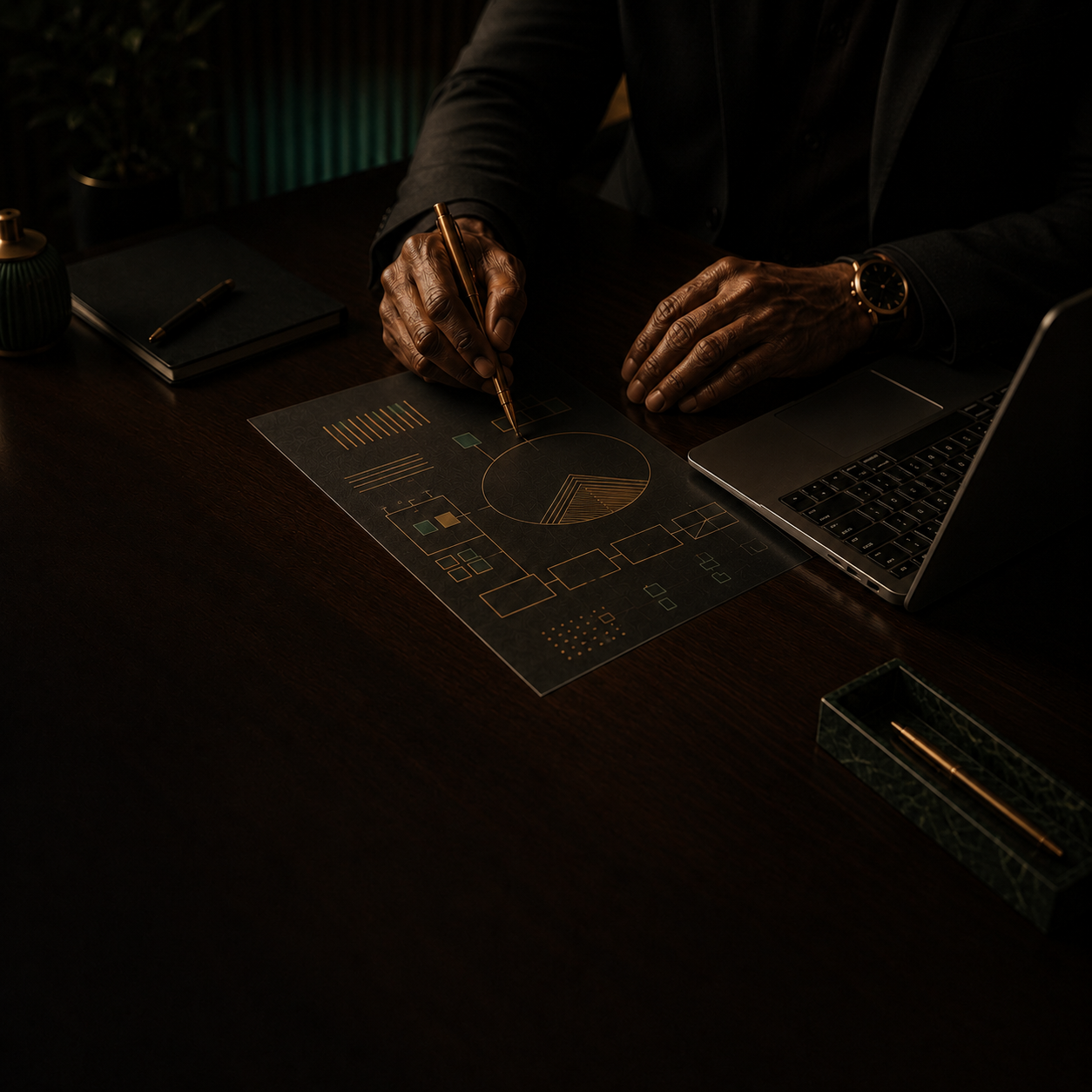 A professional marking a business strategy sheet beside a laptop.